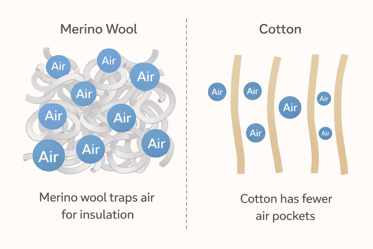 A diagram showing how merino wool fibers trap air compared to cotton fibers