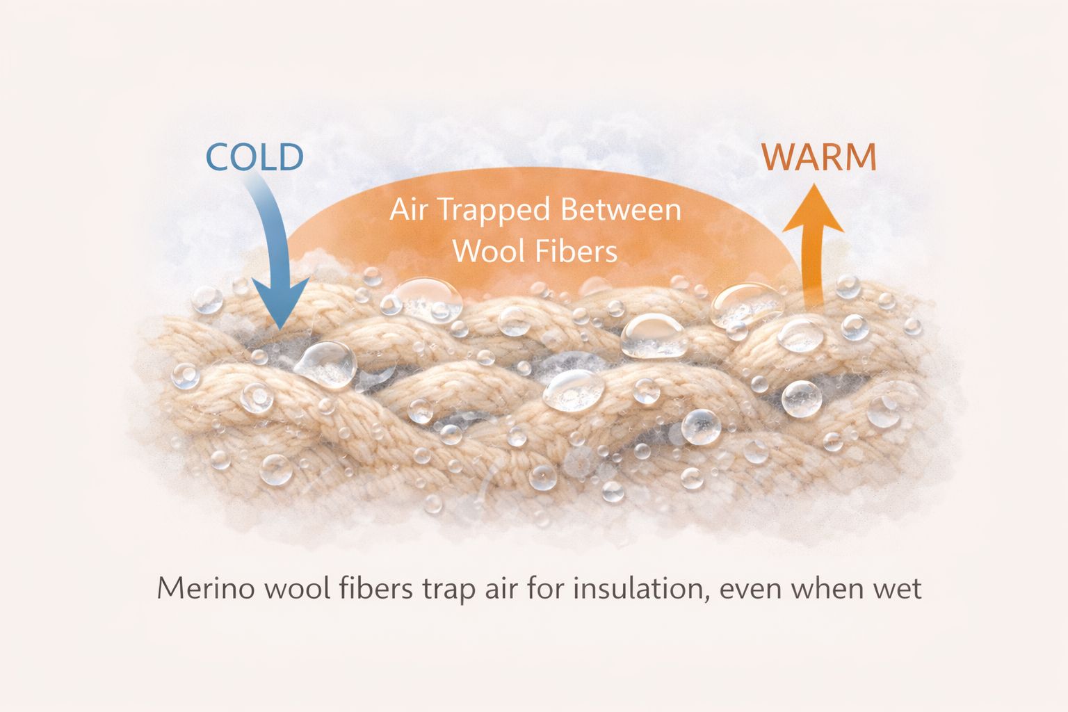 A diagram showing how merino wool fibers trap air for insulation, even when wet