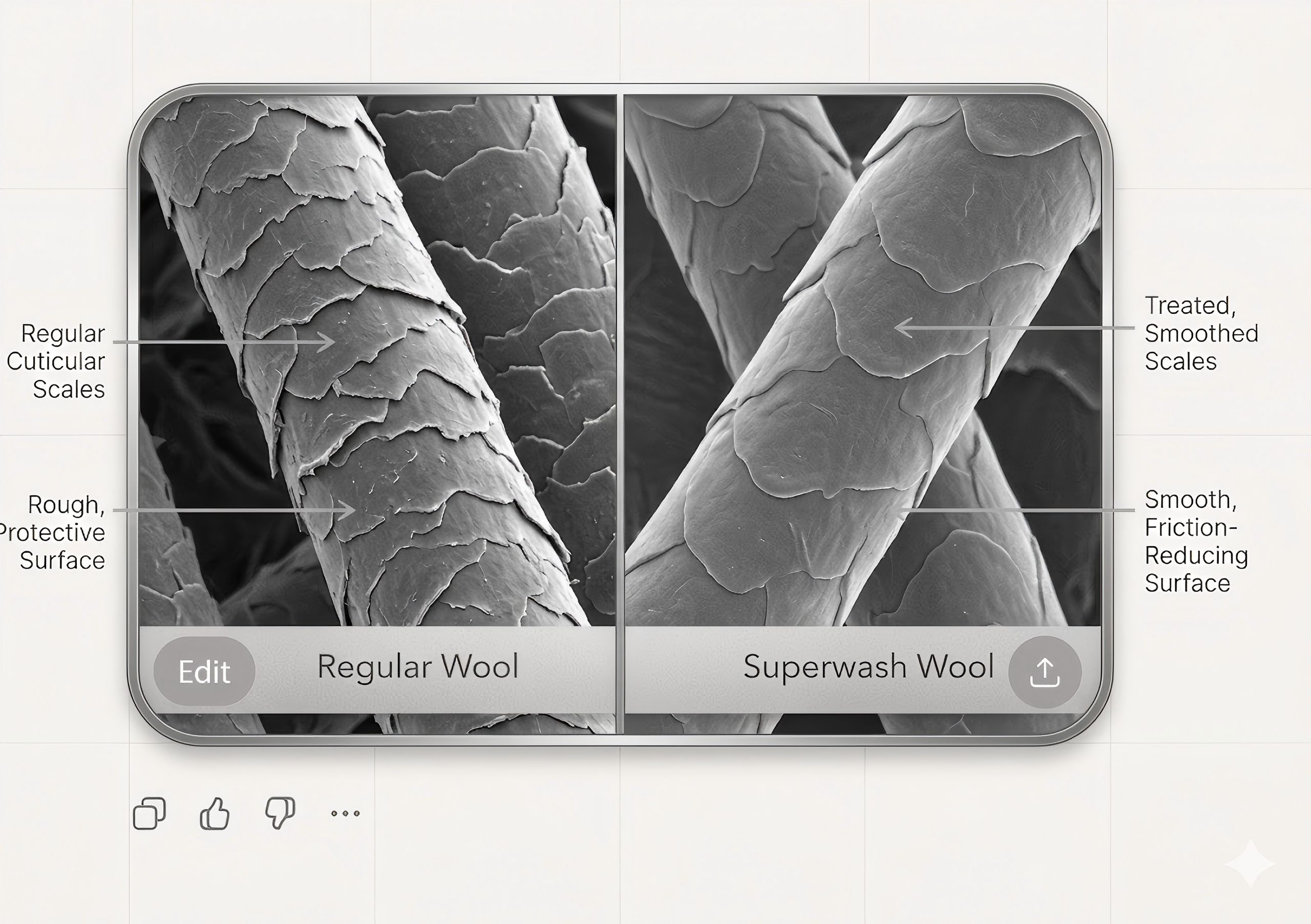 A diagram showing the scales on a regular wool fiber versus the smooth surface of a Superwash wool fiber