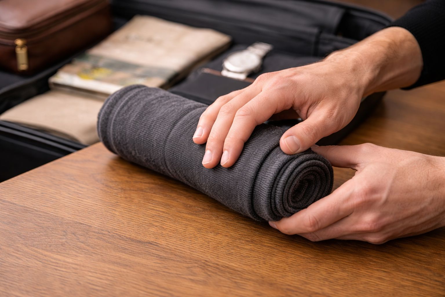 A fine-gauge sweater being rolled for packing