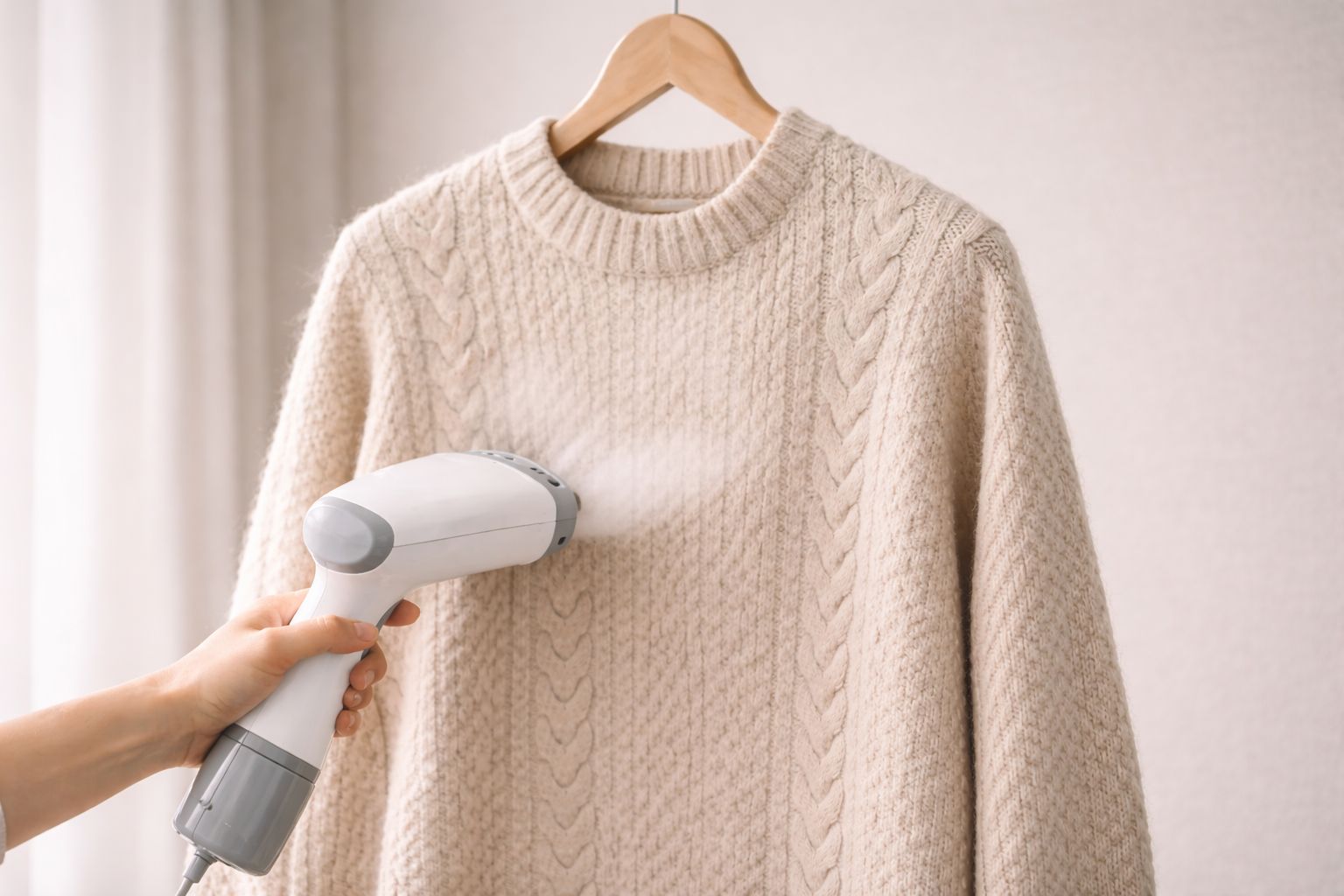 A handheld steamer gently removing wrinkles from a hanging wool sweater