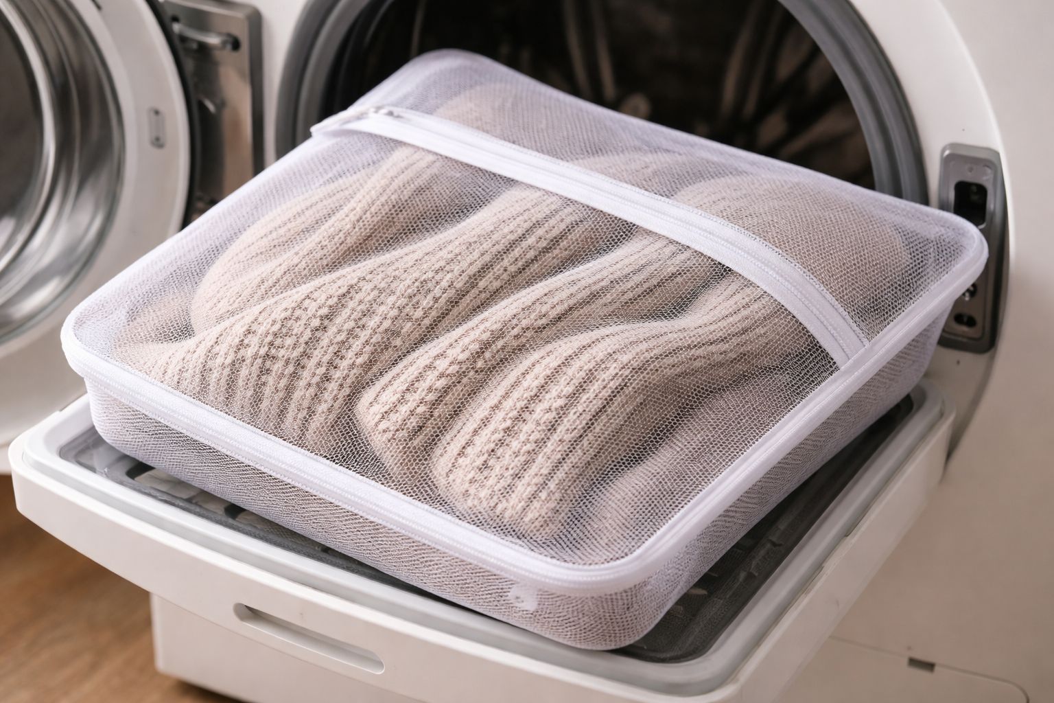 A knit sweater inside a mesh laundry bag, ready to be placed in a washing machine