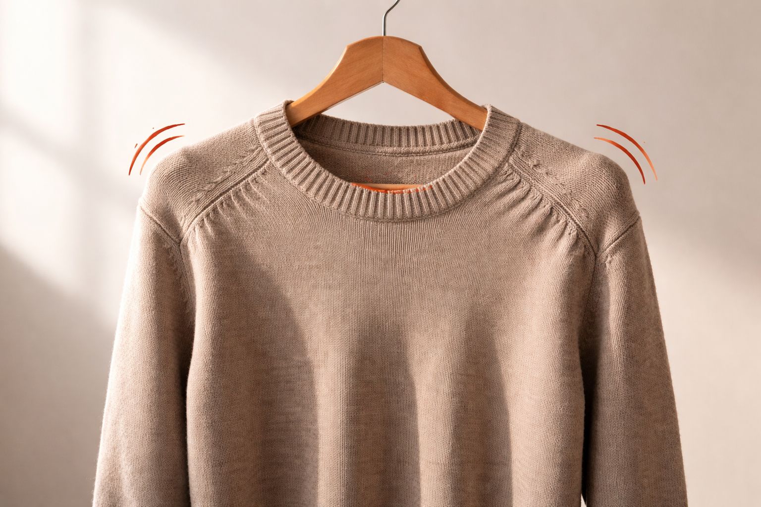 A knit sweater on a hanger showing visible stretching and bumps on the shoulders.