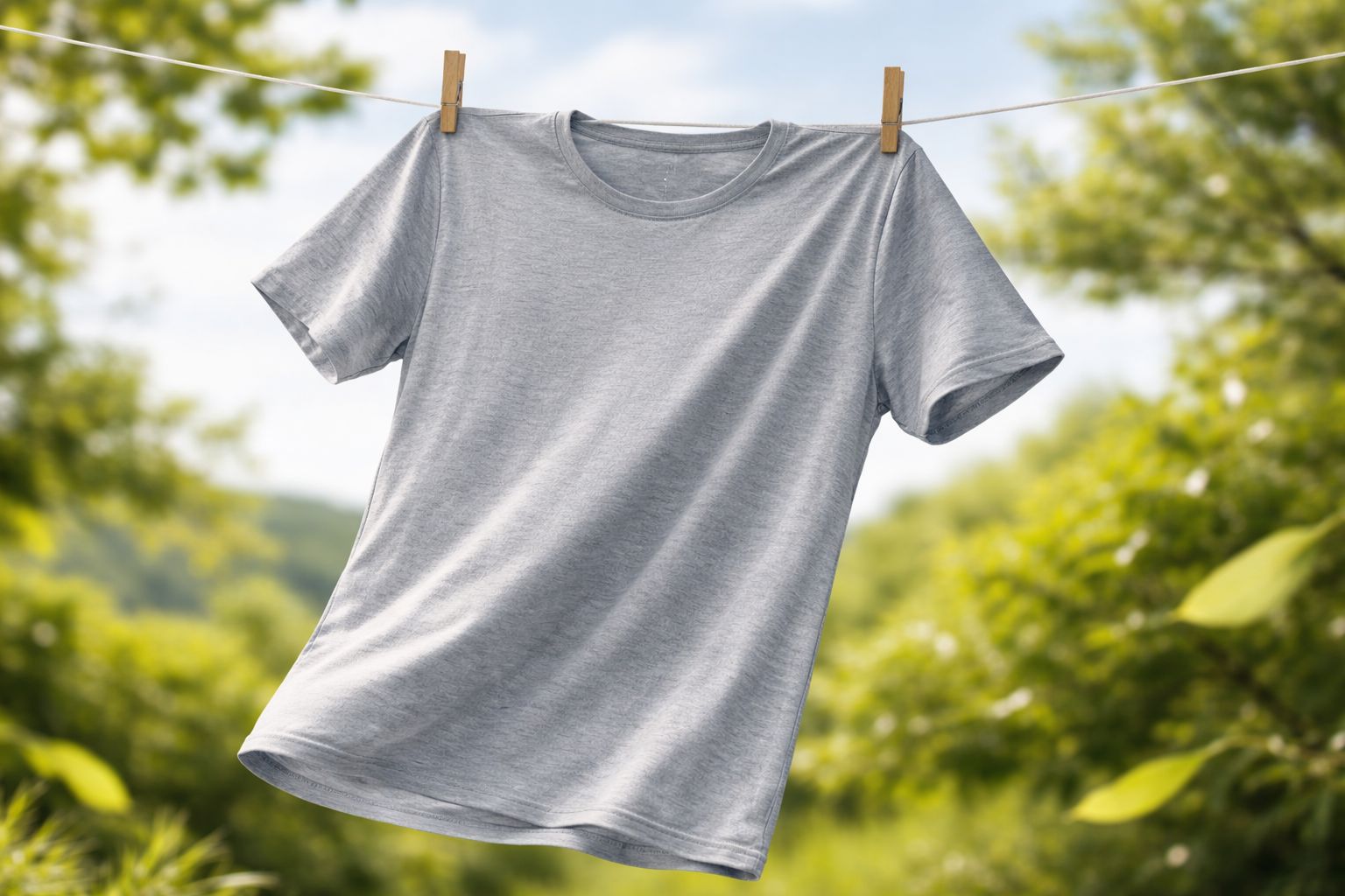 A lightweight Merino wool t-shirt hanging on a line with a sunny, breezy background