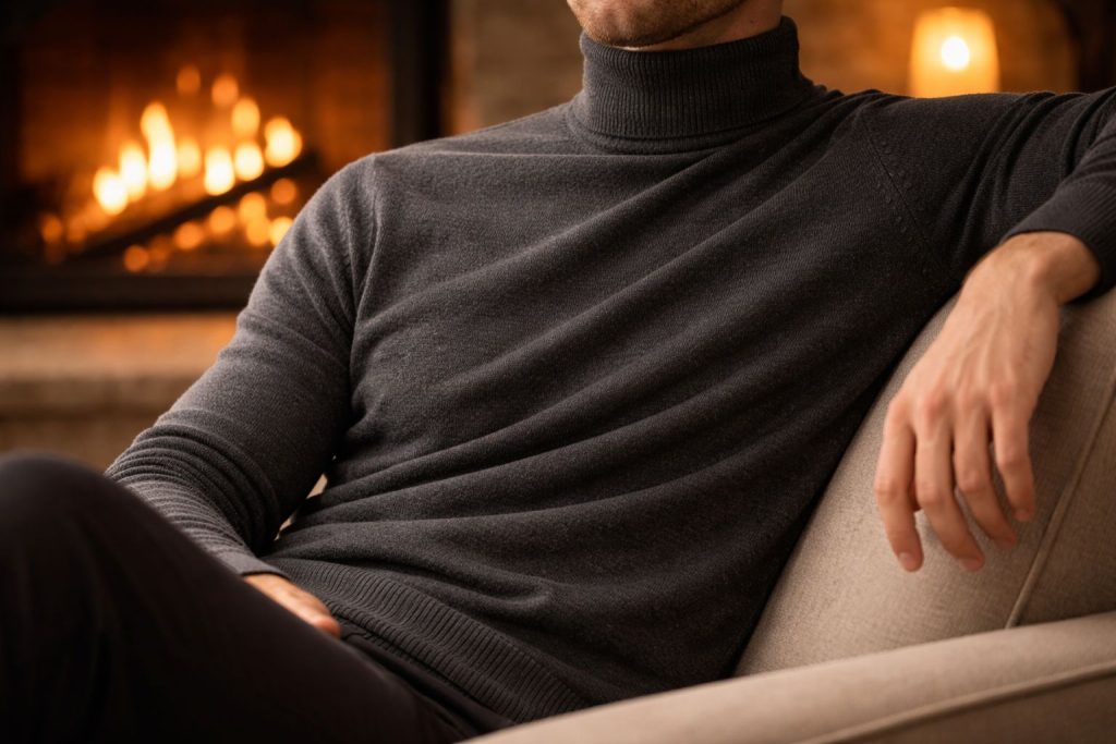 A man in a charcoal grey Merino wool sweater relaxes in front of a warm fireplace. The light highlights the sweater's texture, implying natural safety. High-end, photorealistic style.
