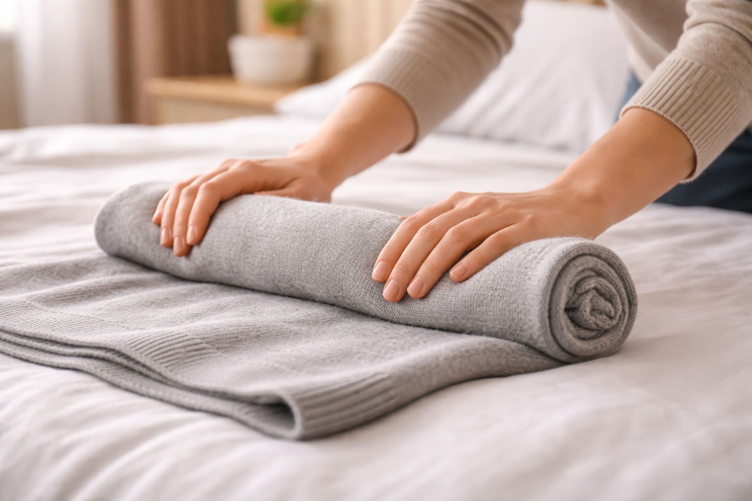 A merino wool sweater being carefully rolled on a flat bed to remove wrinkles