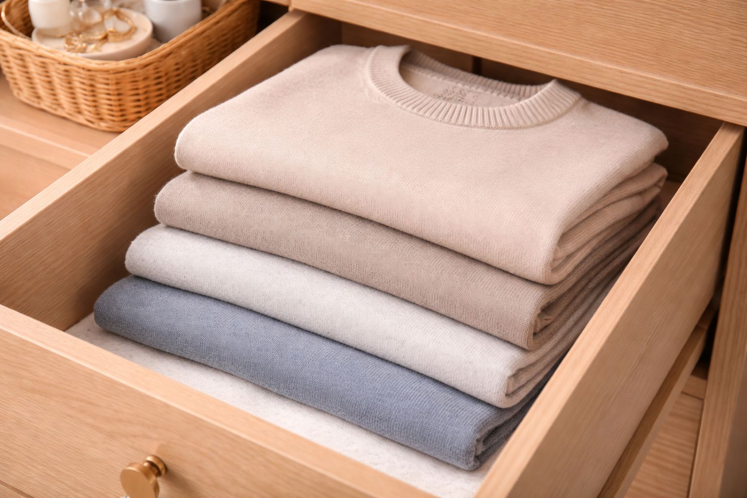 A neatly folded stack of high-quality knit sweaters in different colors inside a wooden drawer.