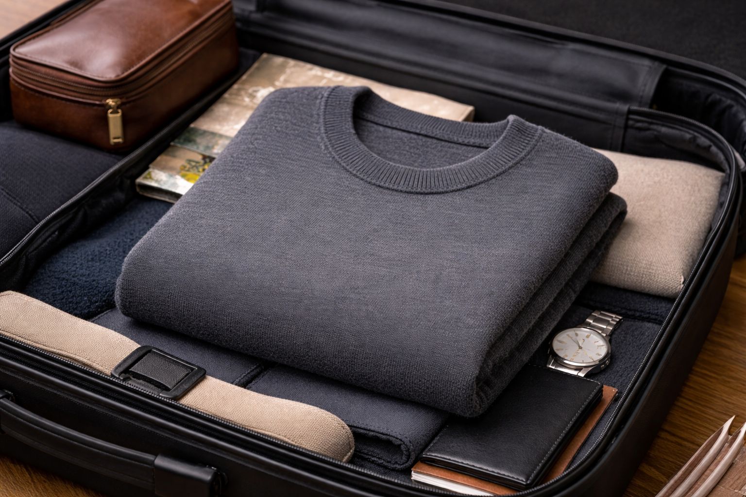 A perfectly folded merino wool sweater ready for travel