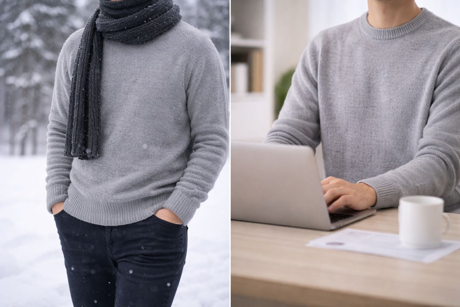 A person comfortably wearing a merino sweater both outdoors in the cold and indoors in an office