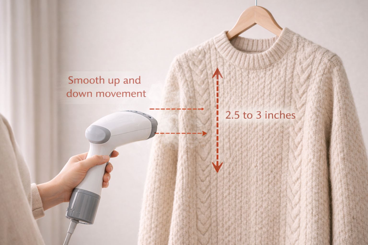 A person demonstrating the correct distance and motion for steaming a wool sweater