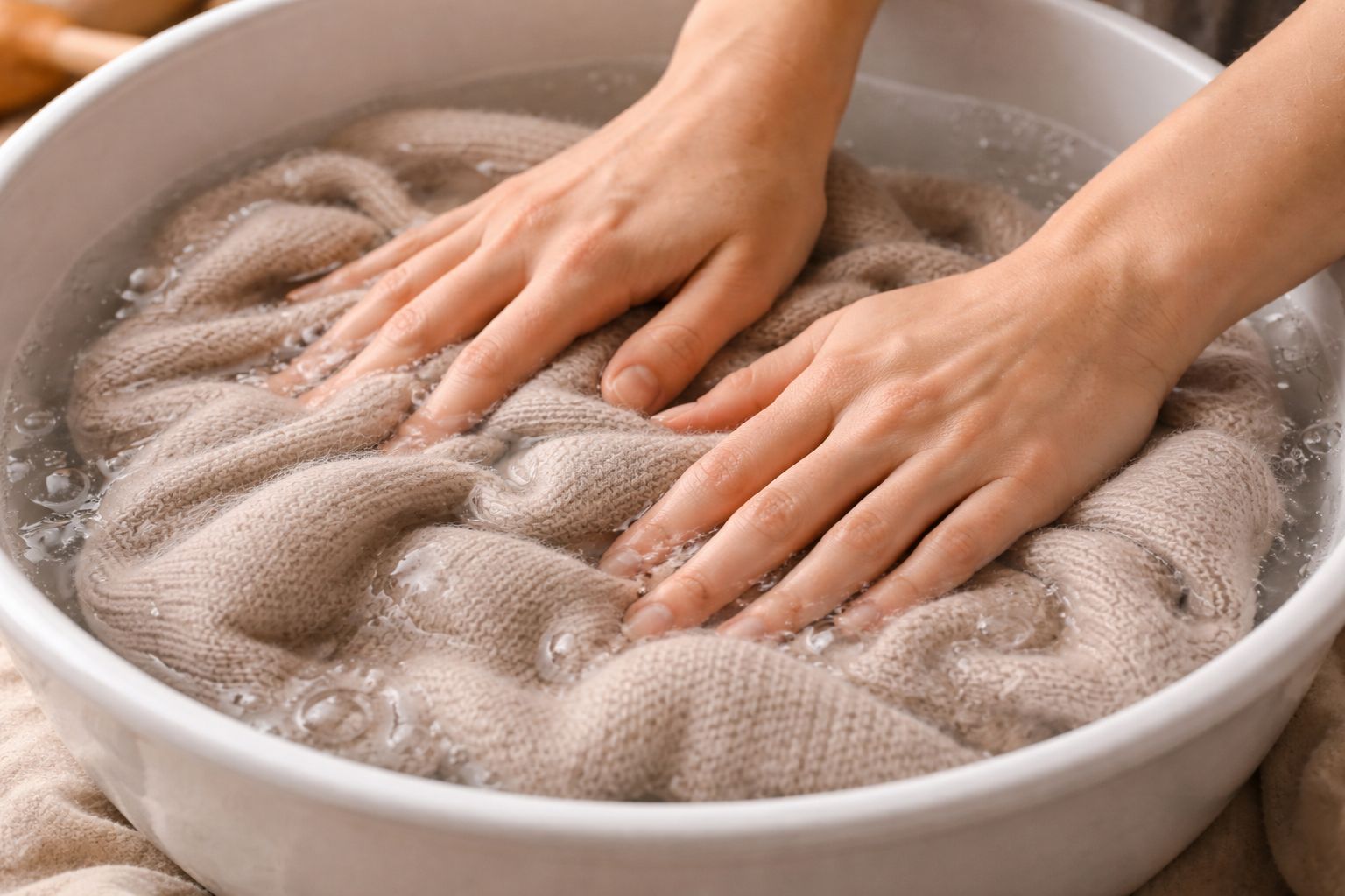 A person gently pressing a Merino wool sweater in a basin of cool water