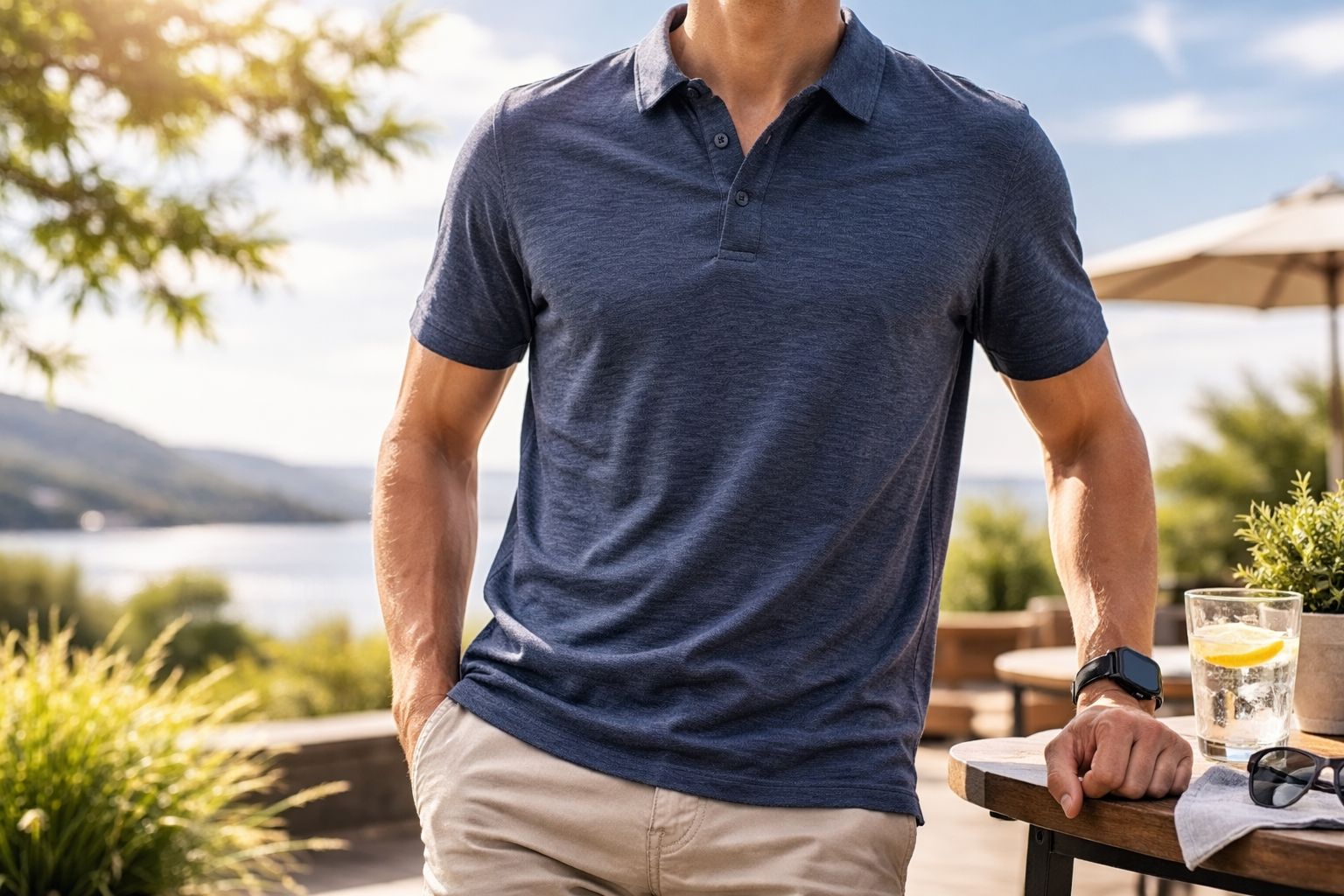 A person looking cool and comfortable in a Merino wool polo shirt on a warm day