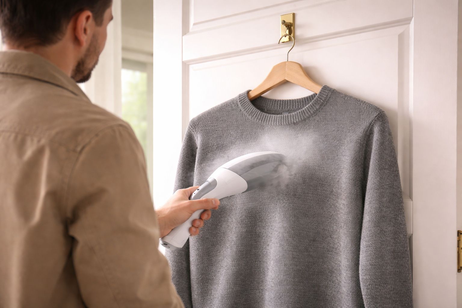 A person quickly steaming a sweater hanging on a door before heading out