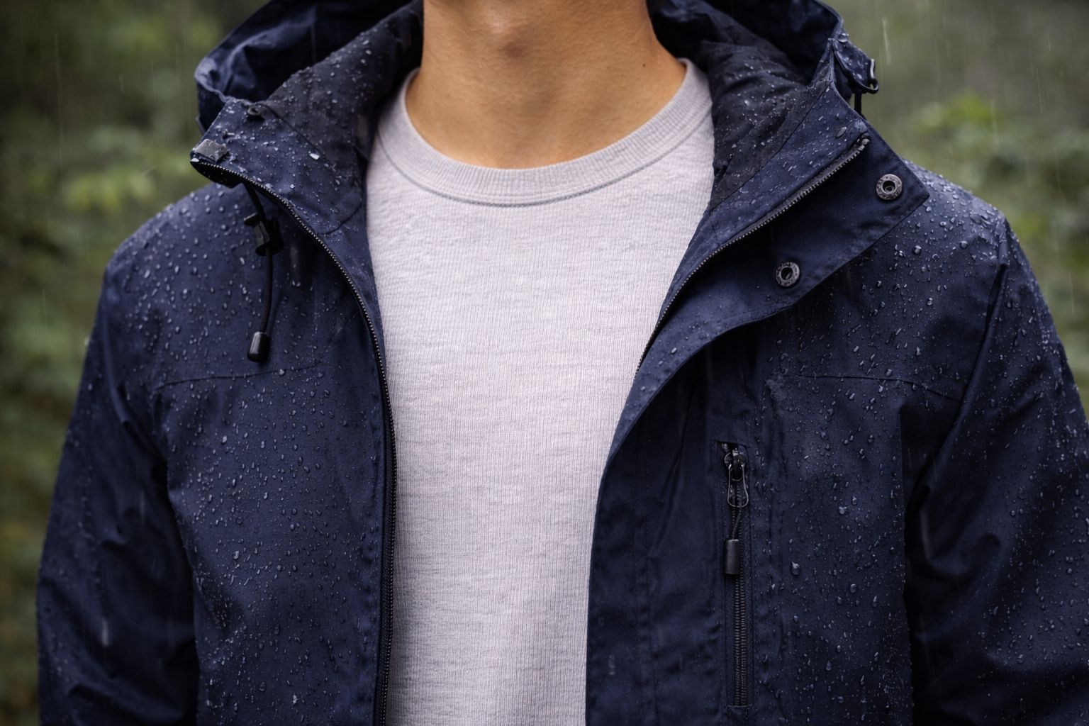 A person wearing a merino sweater as a comfortable mid-layer under a waterproof rain jacket