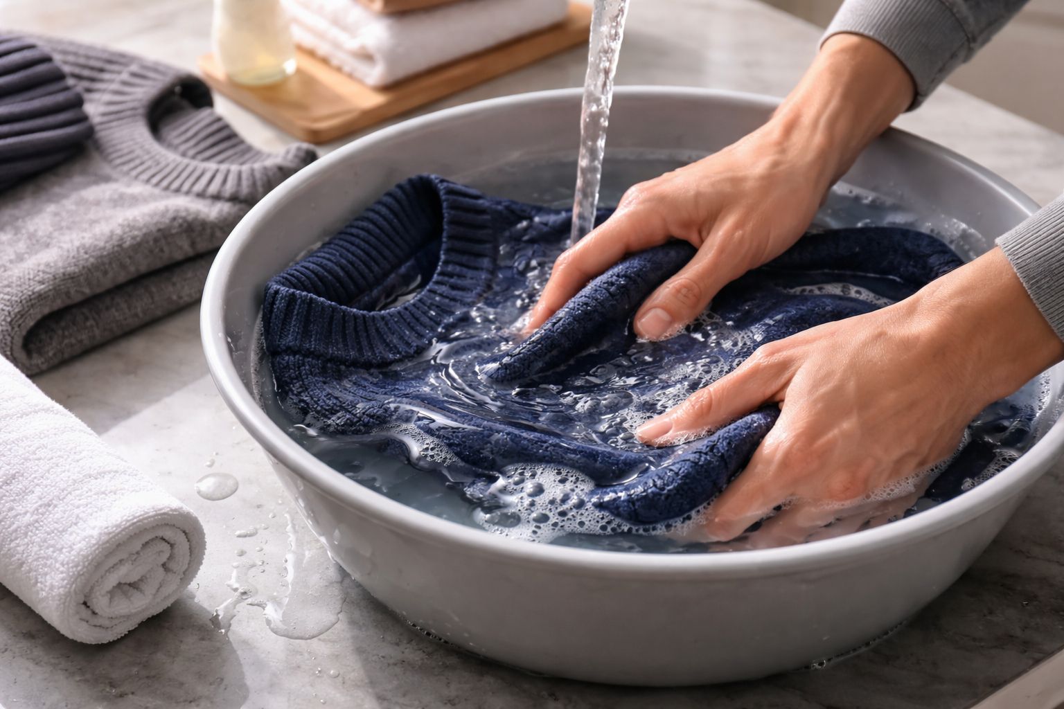 A person's hands gently washing a wool sweater in a basin of cold water
