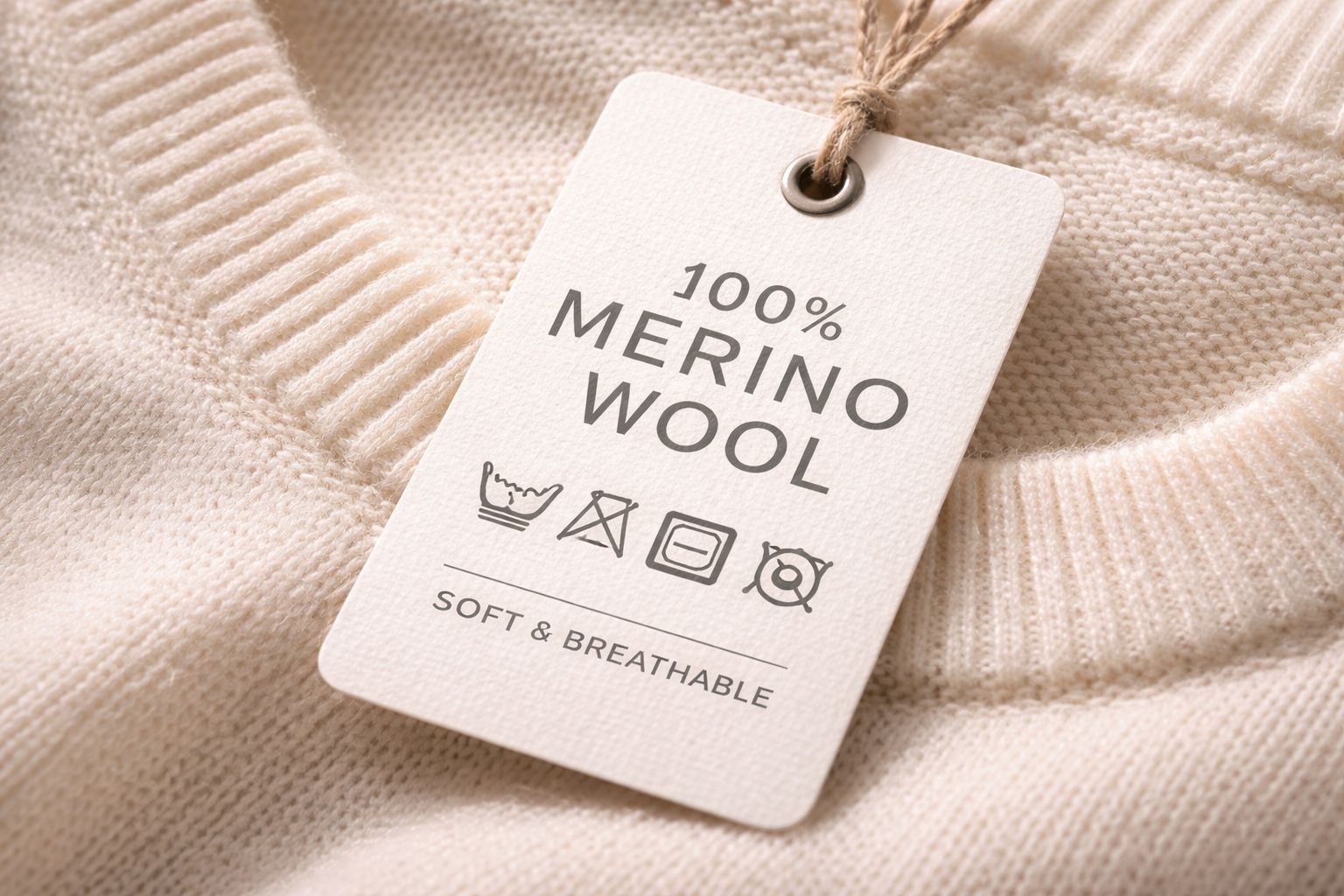 A price tag on a high-quality Merino sweater, alongside care instruction symbols