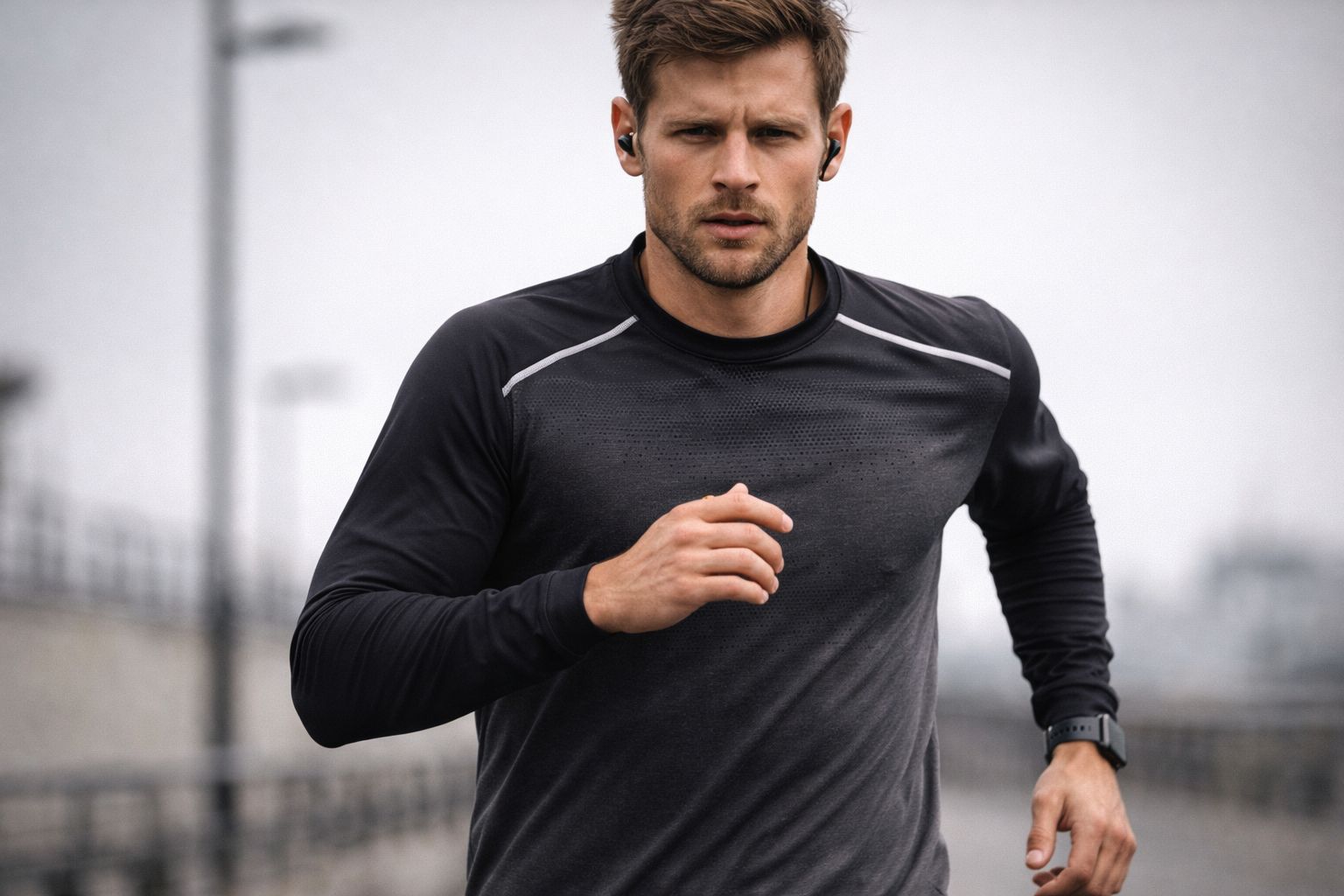 A professional runner in sleek, technical gear, looking focused and dry