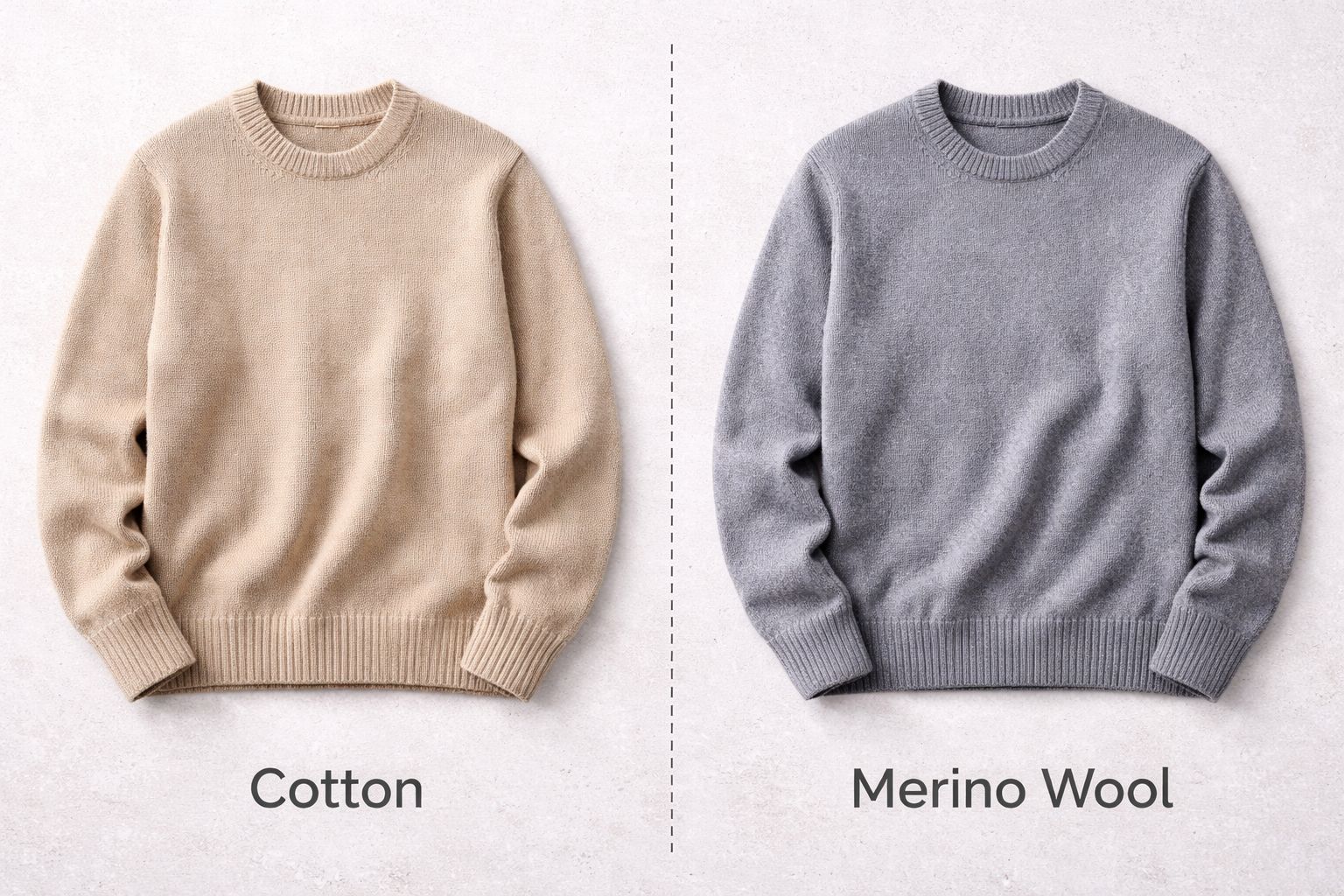 A side-by-side comparison of a cotton sweater and a merino wool sweater