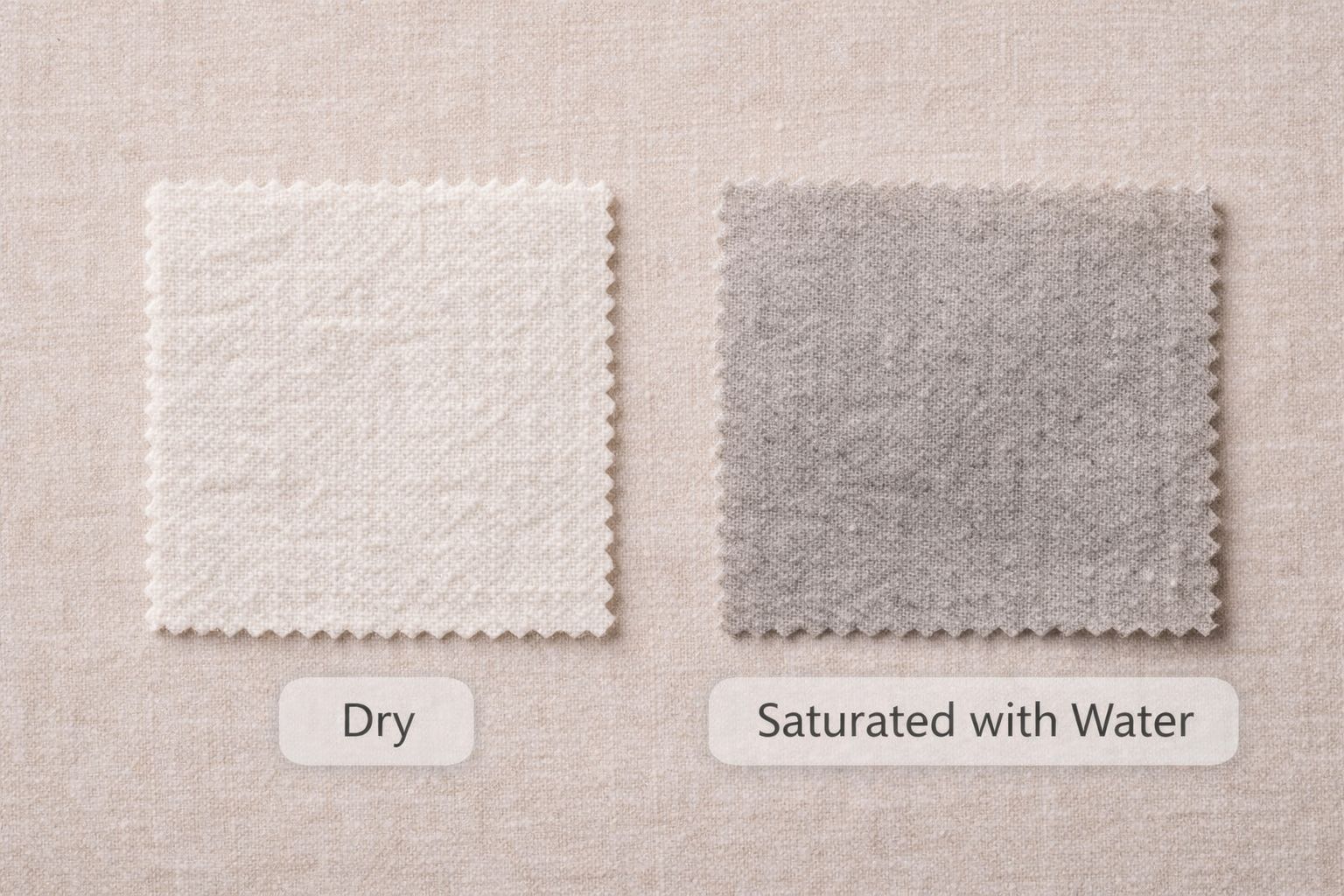 A side-by-side comparison of a dry cotton swatch and one saturated with water