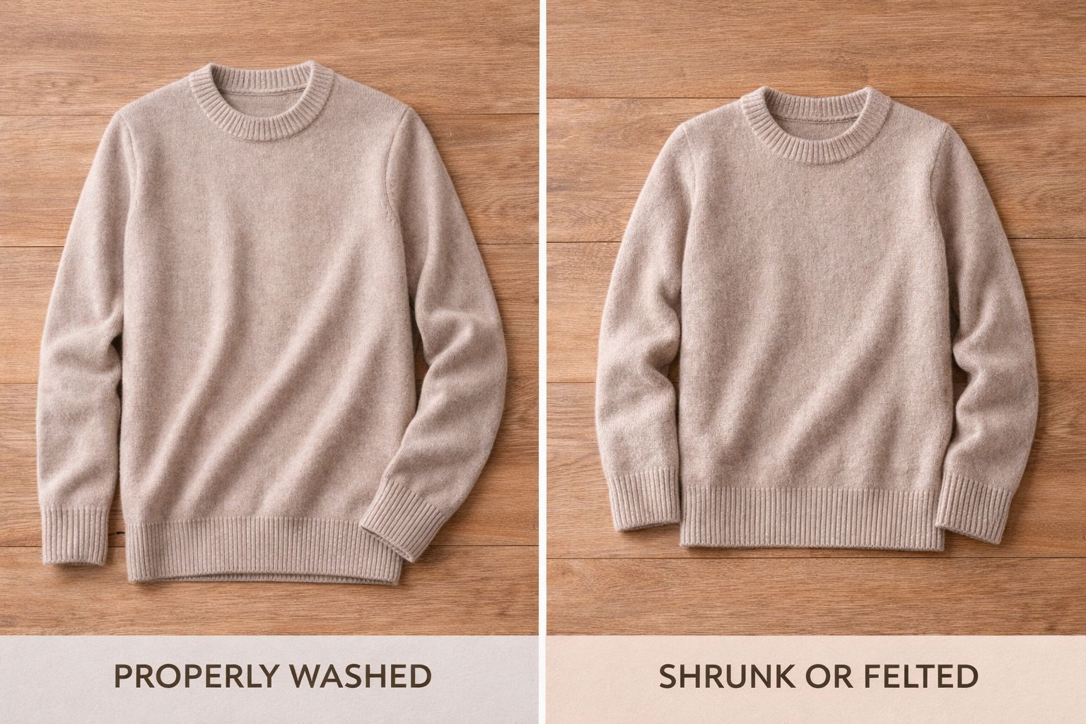 A side-by-side comparison of a properly washed sweater and one that has shrunk or felted