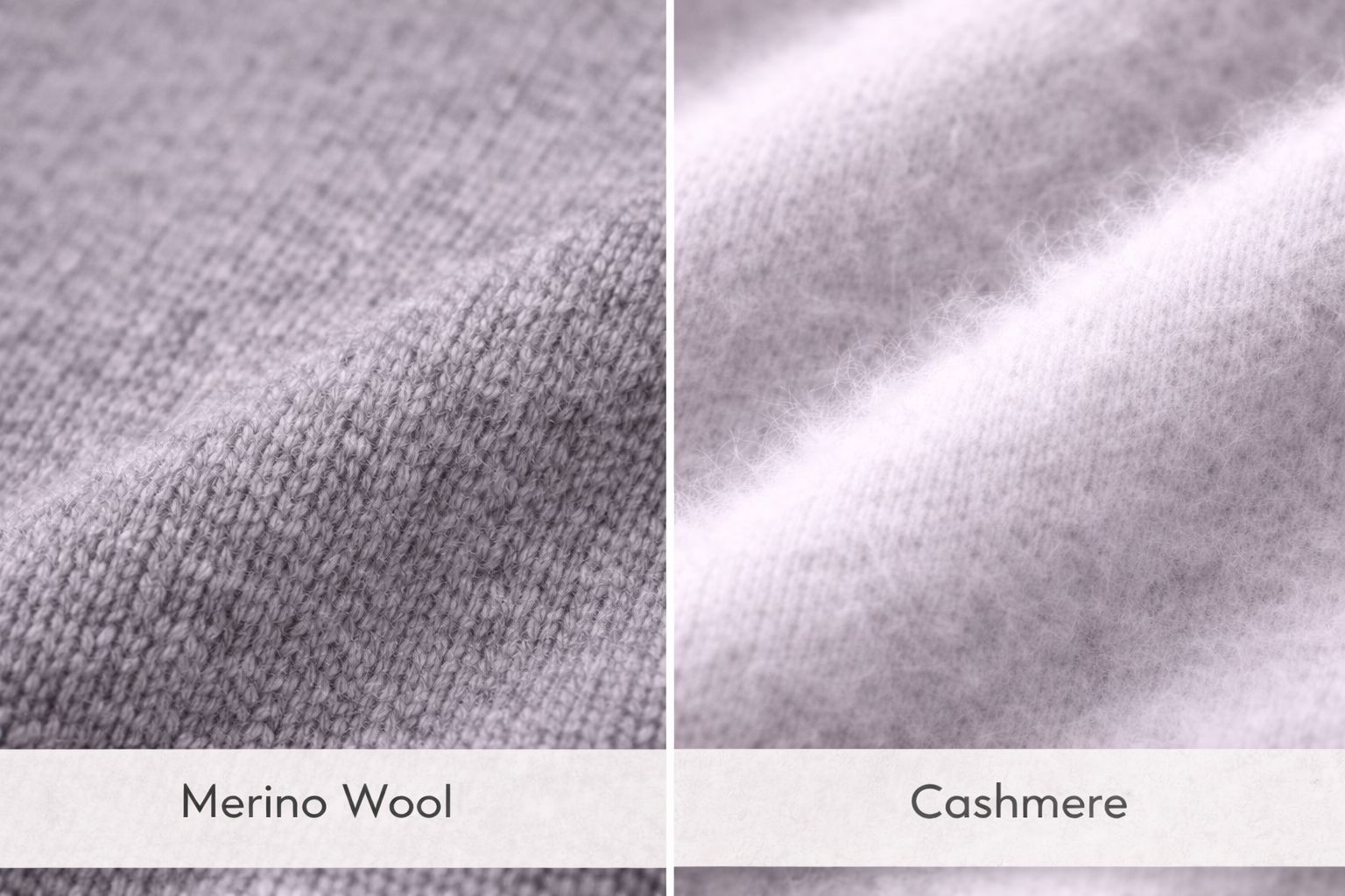 A side-by-side comparison of wool and cashmere sweater textures