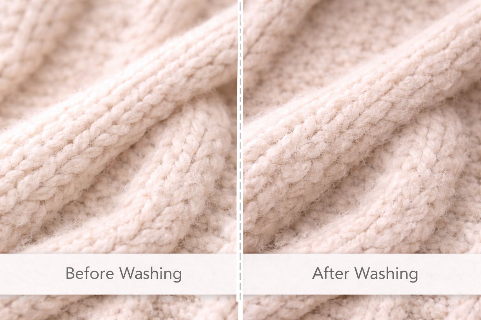 A split image showing a soft, fluffy sweater before washing and a shrunken, felted sweater after washing