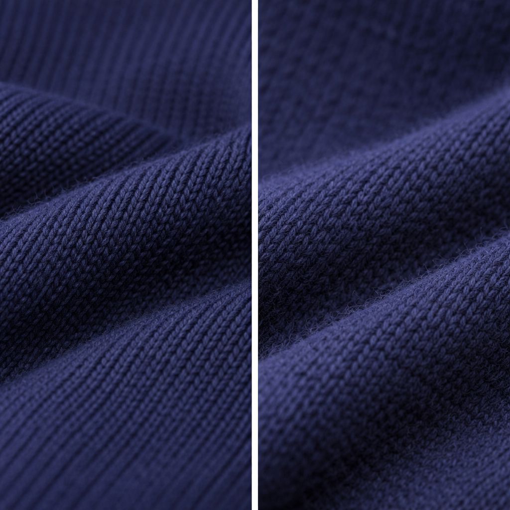 A split-screen, macro shot showing the texture of a navy blue cotton sweater on the left and a navy blue merino wool sweater on the right, highlighting the different fiber structures
