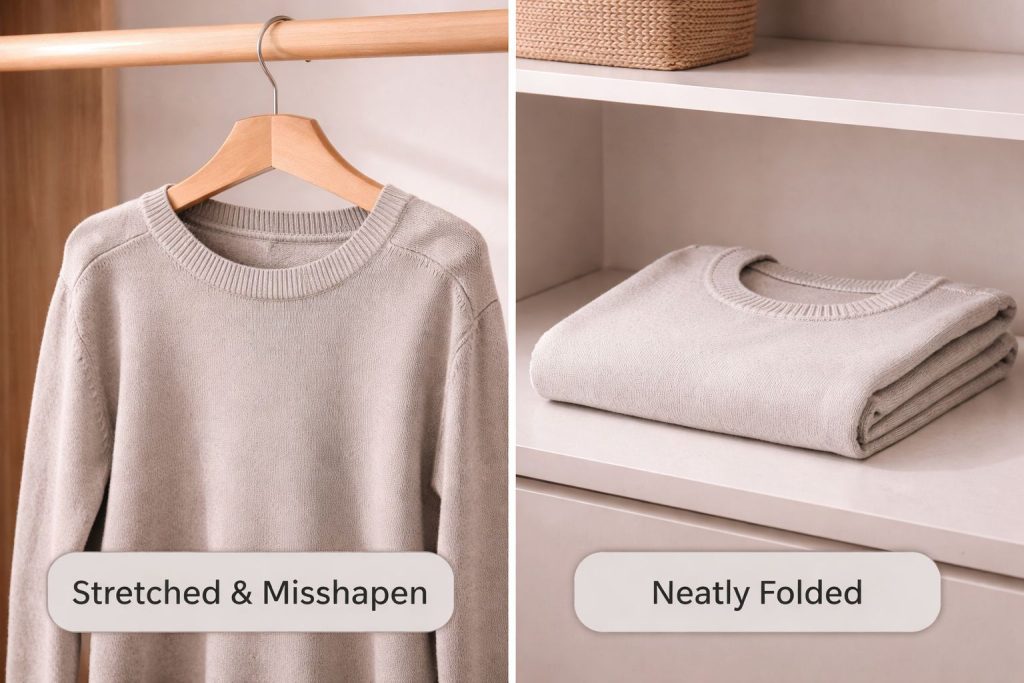 A split-screen photo contrasting two identical sweaters On the left stretched and misshapen on a hanger On the right neatly folded holding its perfect shape Photorealistic style