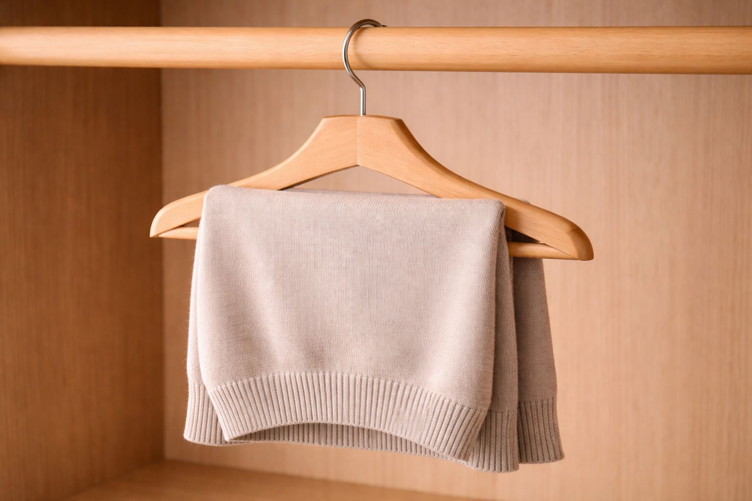 A sweater folded over the horizontal bar of a wooden hanger, demonstrating the correct short-term hanging method.