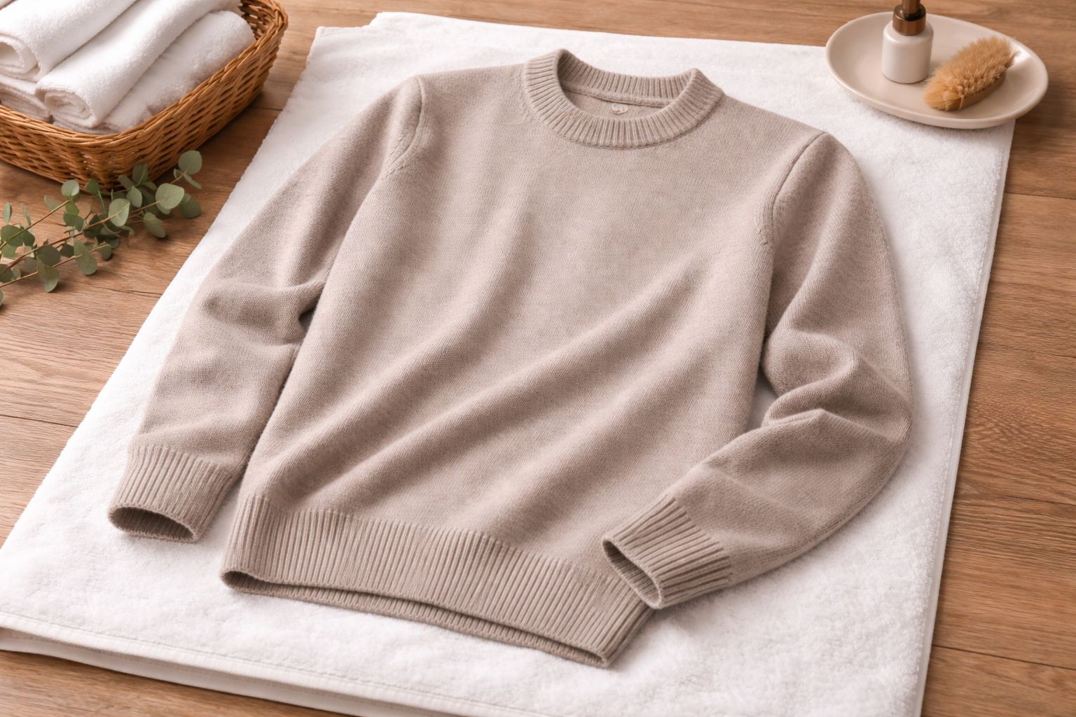 A sweater laid out flat on a clean, dry towel for air drying