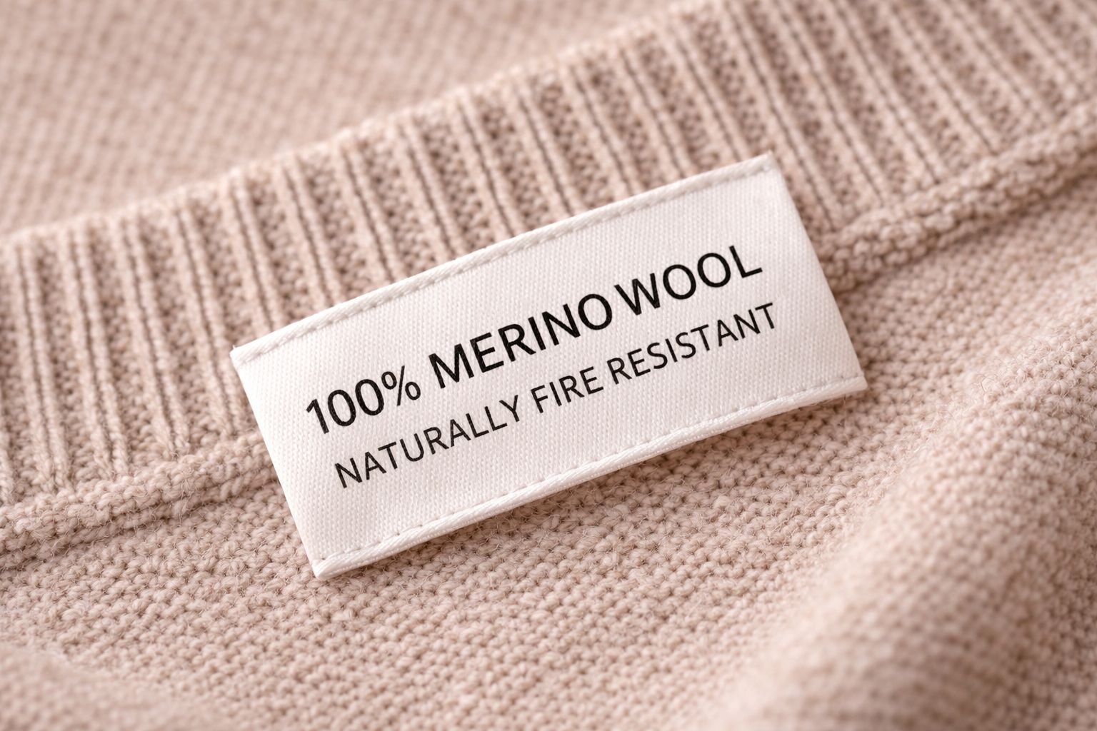 A tag on a sweater that says "100% Merino Wool - Naturally Fire Resistant"