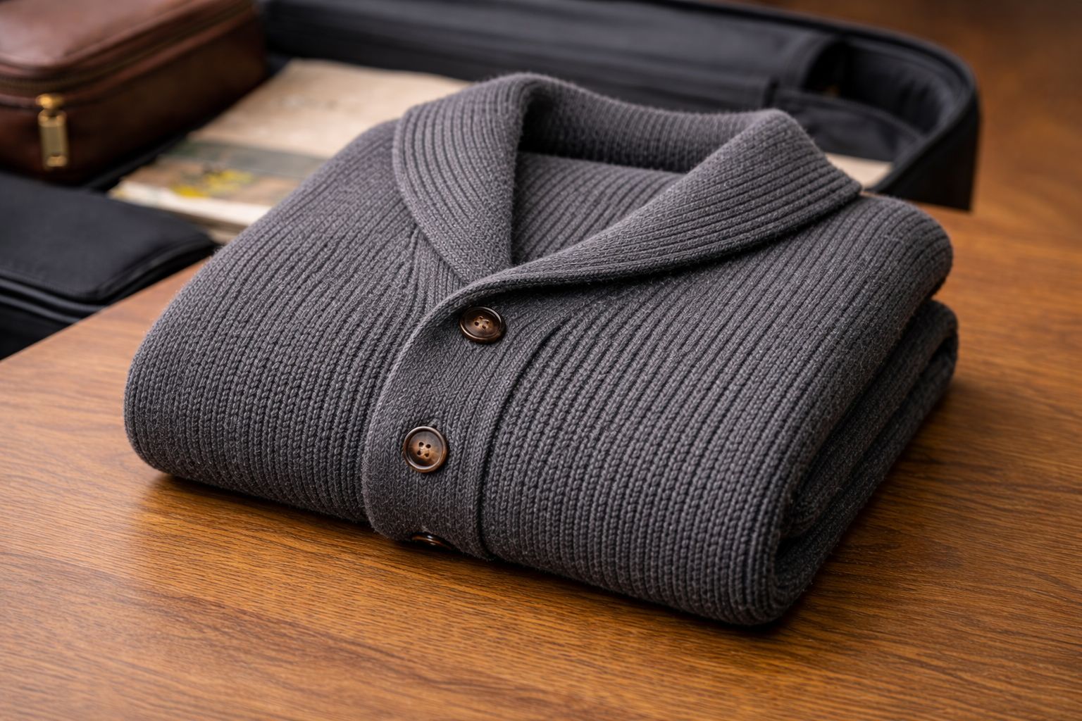 A thick cardigan folded carefully to protect the placket