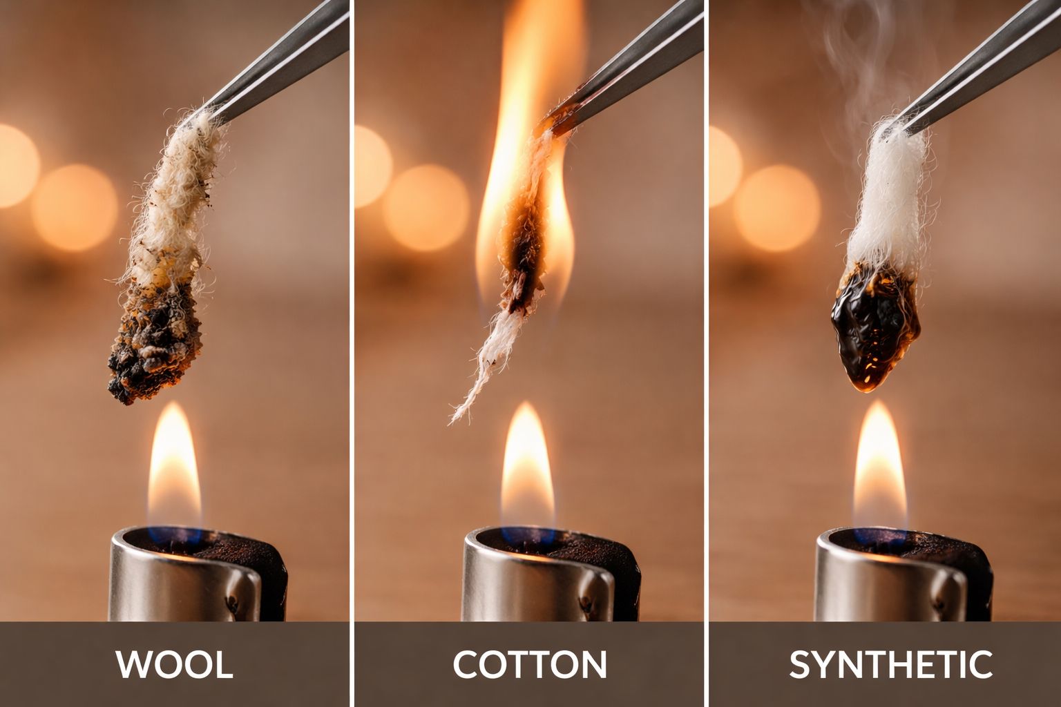 A visual comparison of wool, cotton, and synthetic fibers showing their reaction to flame