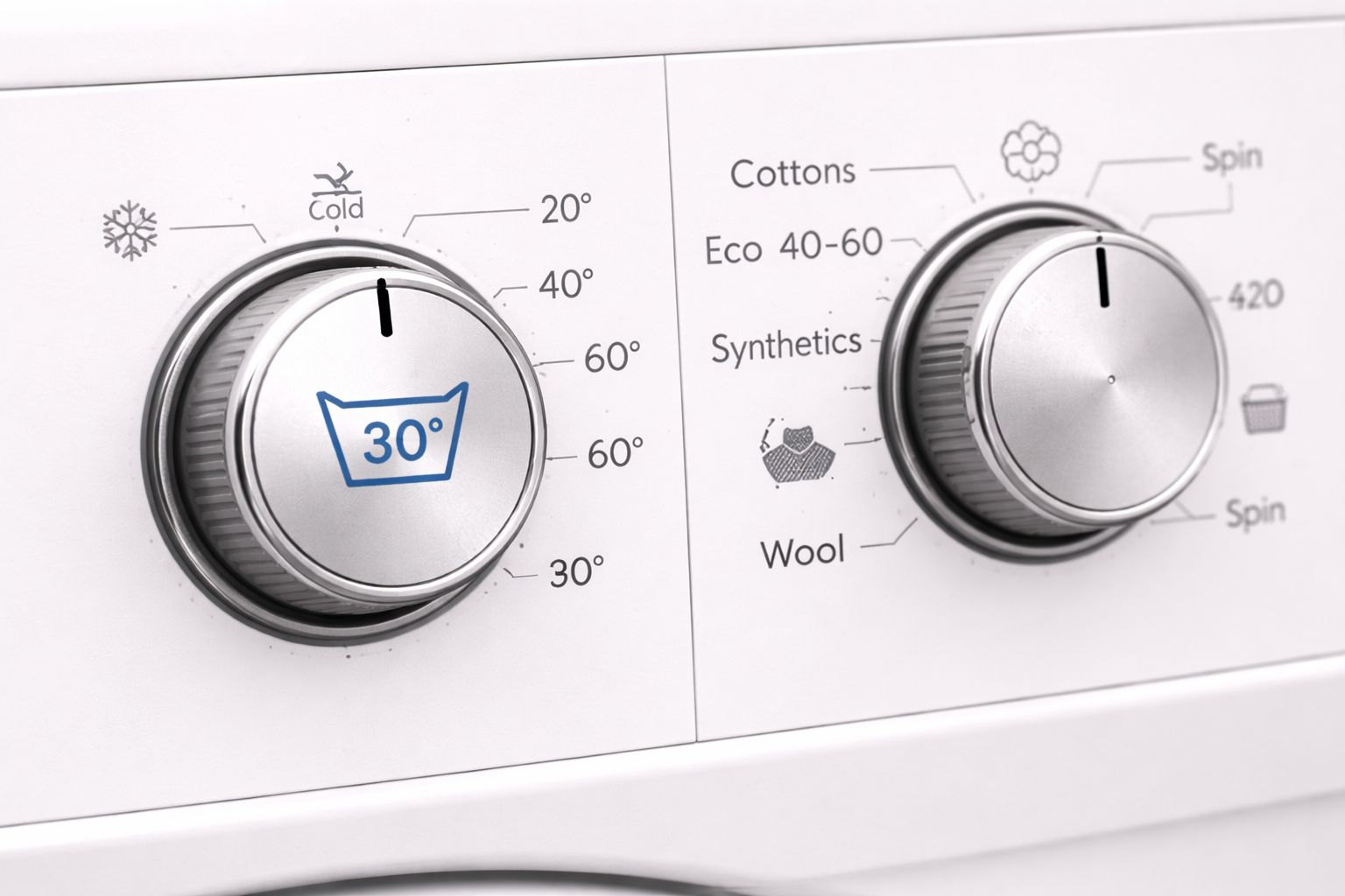 A washing machine dial set to 30 degrees, with a separate dial set to the 'Wool' cycle