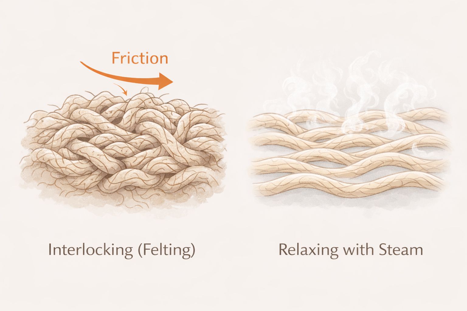 An illustration showing wool fibers interlocking (felting) vs. relaxing with steam