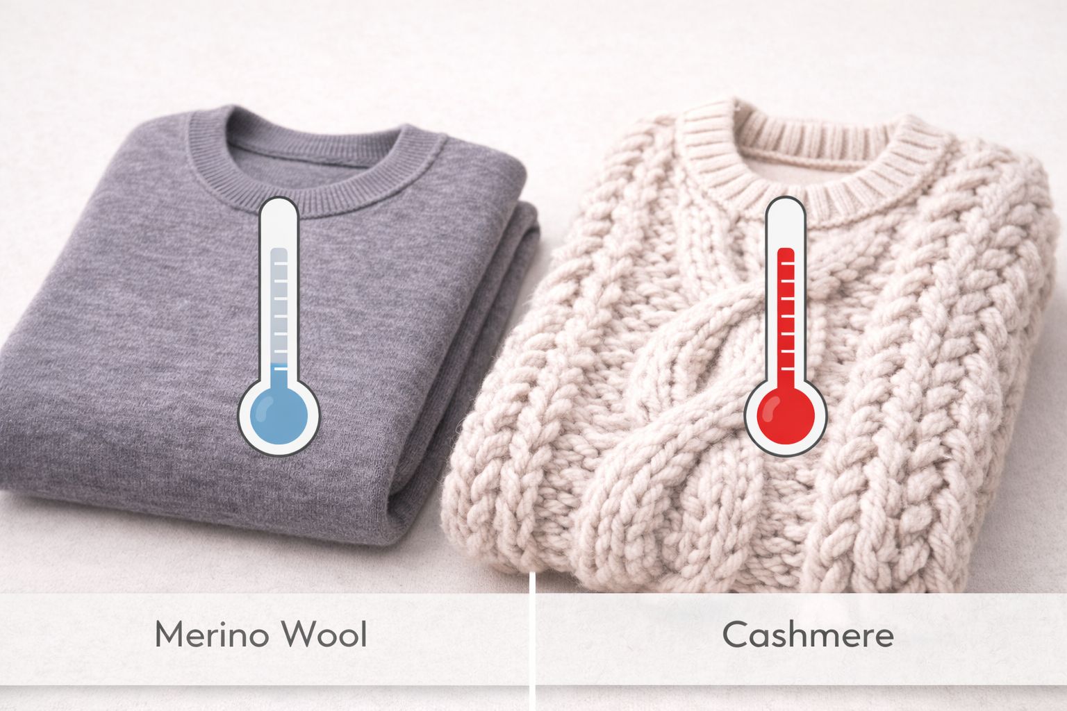 An image showing a thin cashmere sweater next to a thick wool sweater, with a thermometer icon over each one