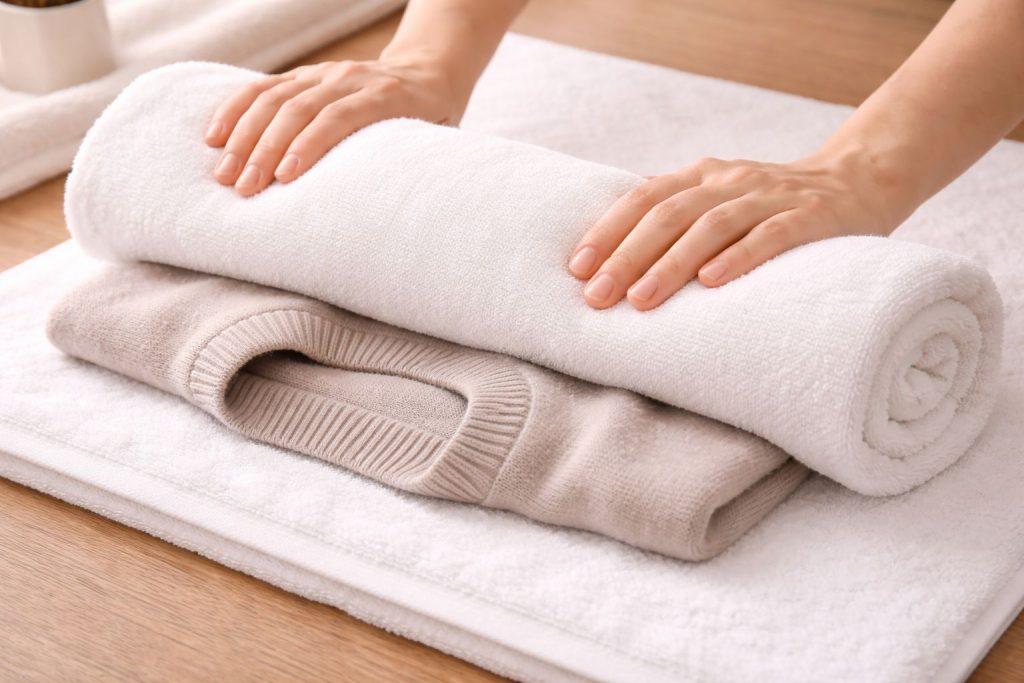 Close-up of hands rolling a freshly washed men's knit sweater in a white towel to absorb water, minimalist, bright natural light, premium feel