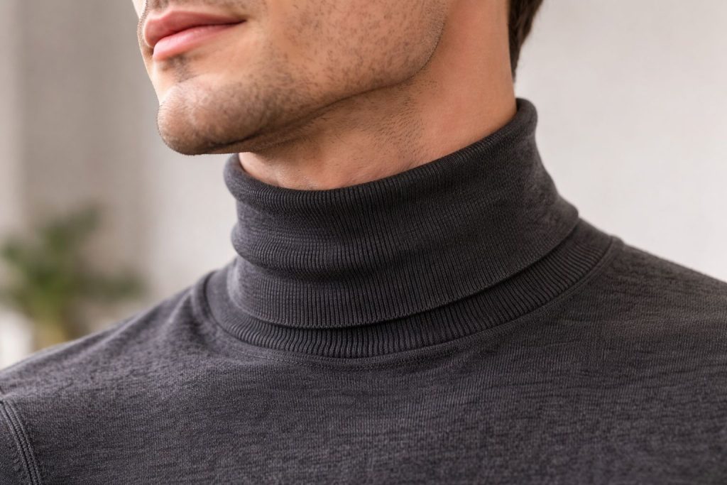 Close-up on a man's neck, wearing a fitted Merino wool turtleneck. The fabric texture is soft, with no signs of irritation