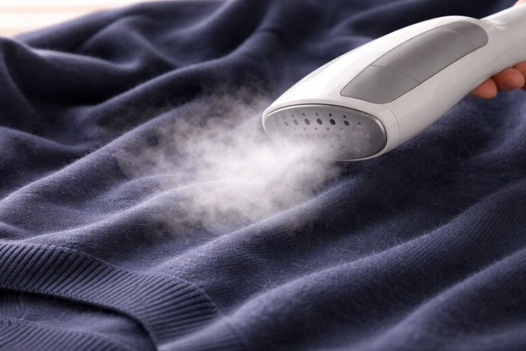 Close-up shot of a handheld garment steamer releasing soft steam onto a wrinkled navy blue merino wool sweater, bright clean lighting, fabric fibers relaxing and smoothing out