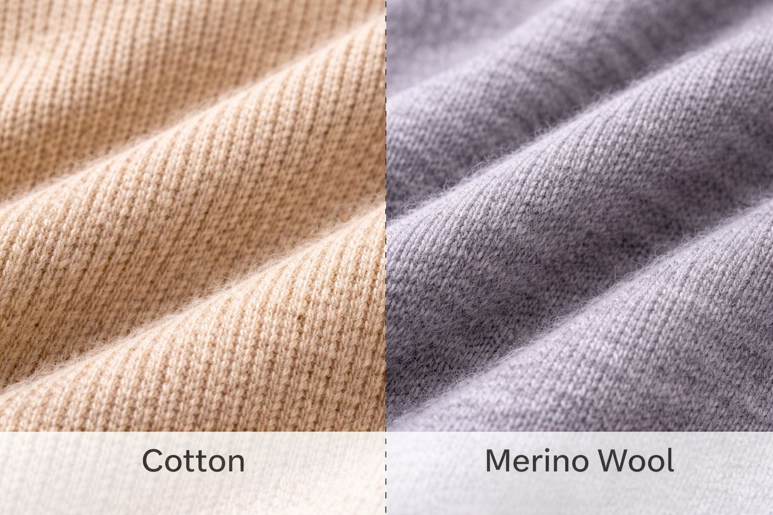 Close-up textures of cotton fabric and merino wool fabric side by side
