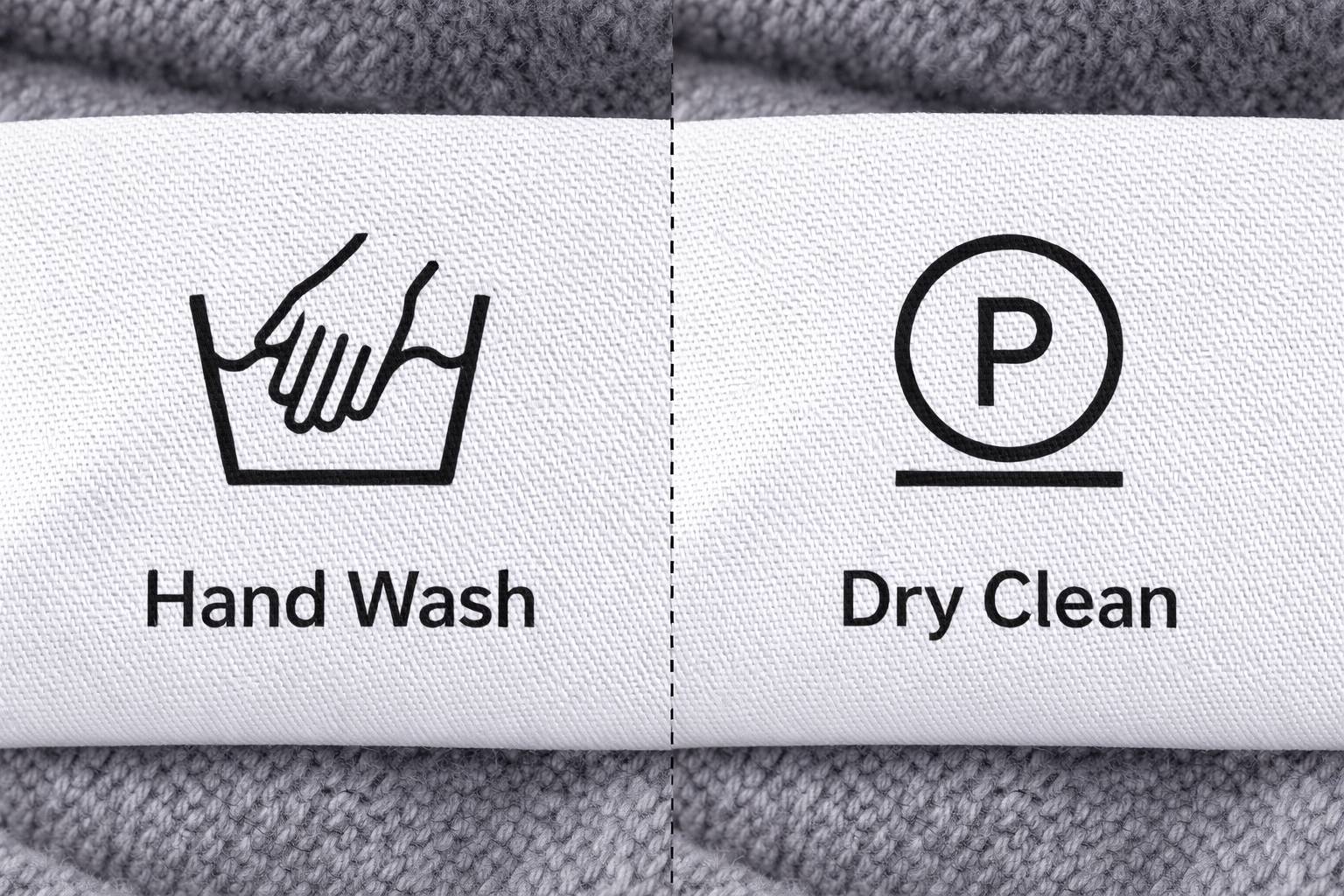 Comparing a hand wash symbol and a dry clean symbol on a care label