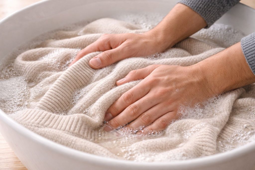 Gentle hands washing a cream Merino wool sweater, soft natural light highlighting the knit texture, minimalist photorealistic style.
