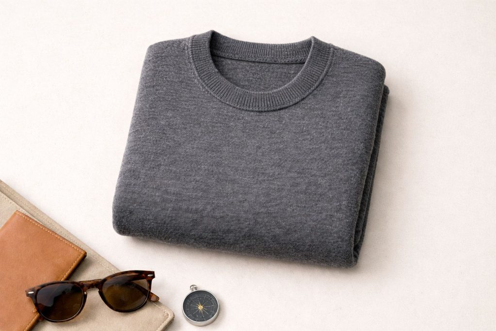 Minimalist flat lay of a perfectly folded grey merino wool sweater on a light neutral background, soft even lighting, sharp focus, with a subtle travel accessory nearby.