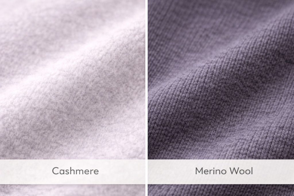 On the left, the fine, soft texture of a light grey cashmere knit. On the right, the slightly thicker, structured texture of a dark grey merino wool knit. Clean, soft lighting.