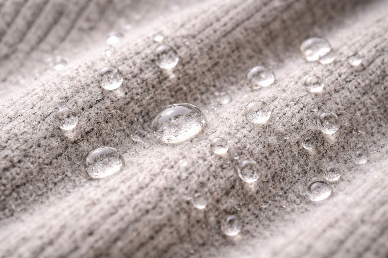 Water droplets beading up on the surface of a merino wool sweater