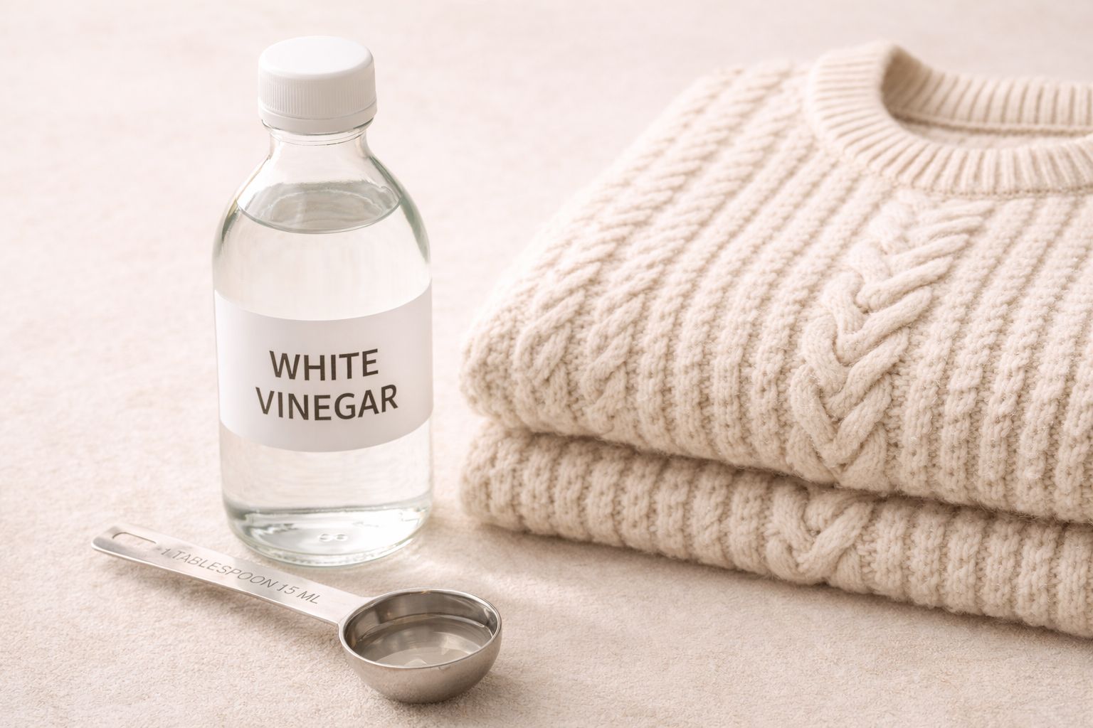 A bottle of white vinegar and a measuring spoon next to a soft, folded wool sweater
