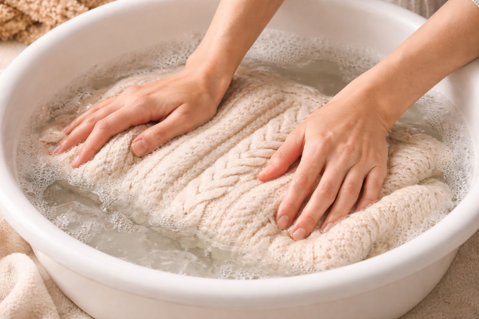 A person gently hand-washing a sweater in a basin with cool water