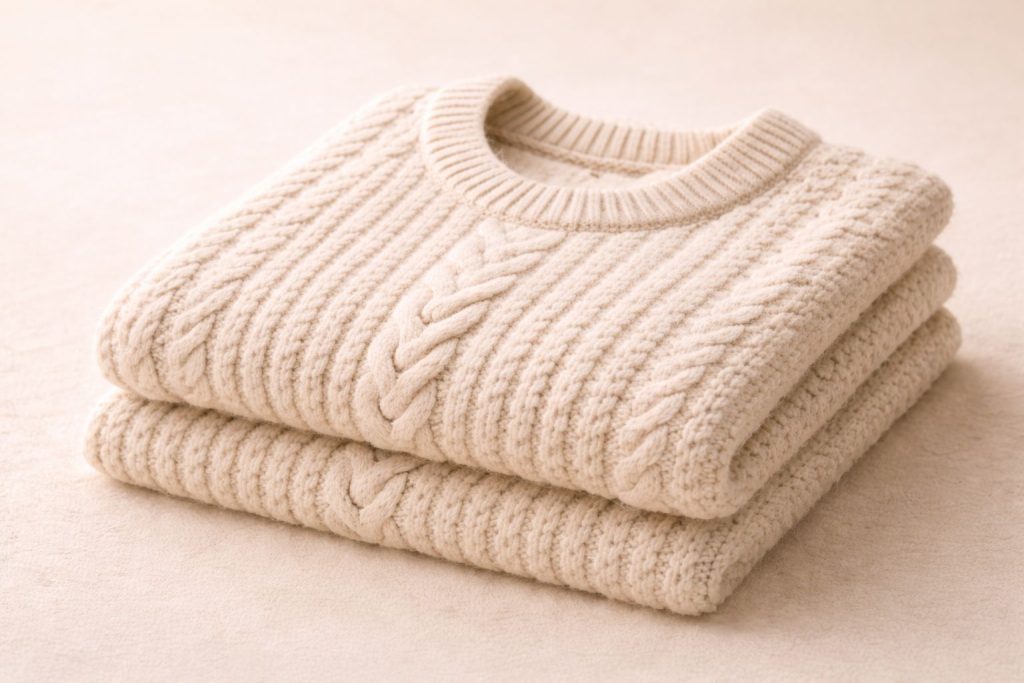 Folded wool sweater, warm neutral studio background, luxury minimal aesthetic, soft light