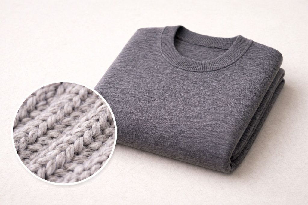 cover featuring a neatly folded sweater and subtle knit texture detail on a light neutral background, soft lighting, sharp focus, clean and professional style.