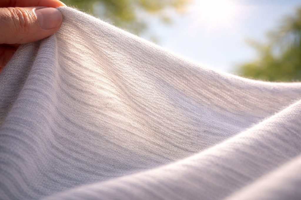 macro shot of lightweight fine gauge merino wool fabric in sunlight